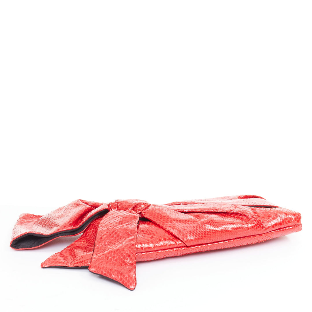 VALENTINO red glossy scaled leather oversized bow top zip evening clutch bag
