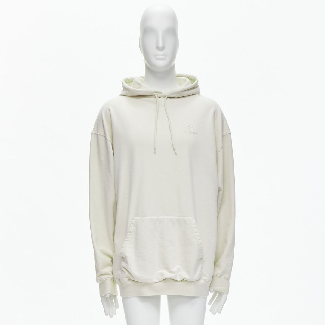 BALENCIAGA Demna 2021 ecru cotton logo embroidery oversized hoodie sweatshirt L