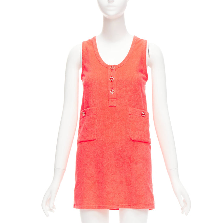 CHANEL coral pink towel terry cloth gold CC logo button mini dress FR34 XS