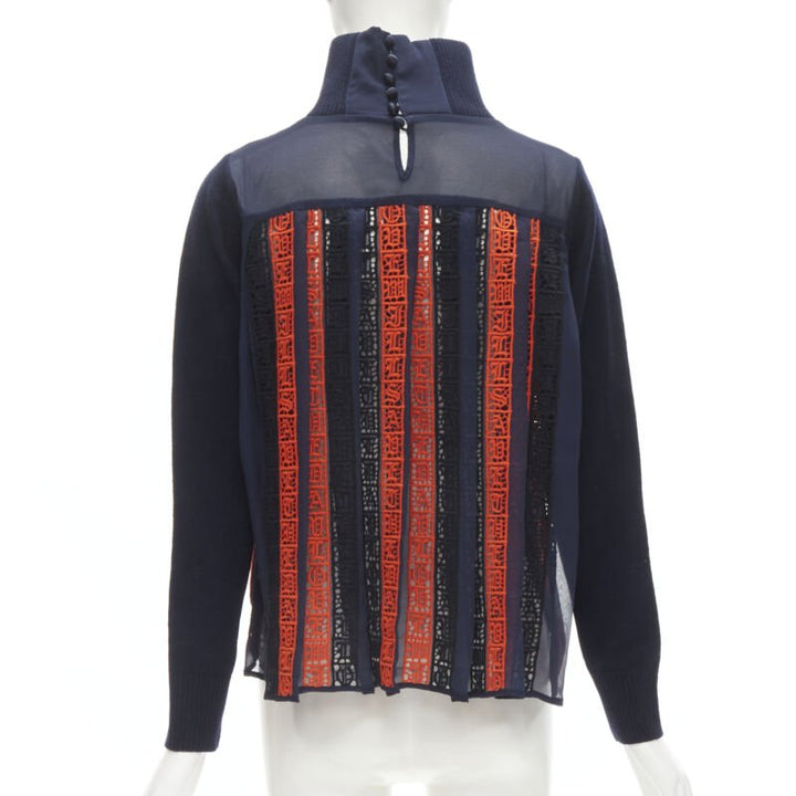SACAI 100% wool navy red striped embroidery anglais flared turtleneck JP1 S