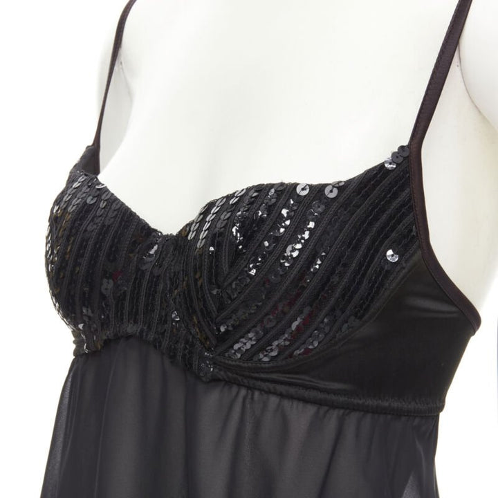 LA PERLA Vintage Ritmo Di Perla black sequins cupped bra sheer negligee top XS