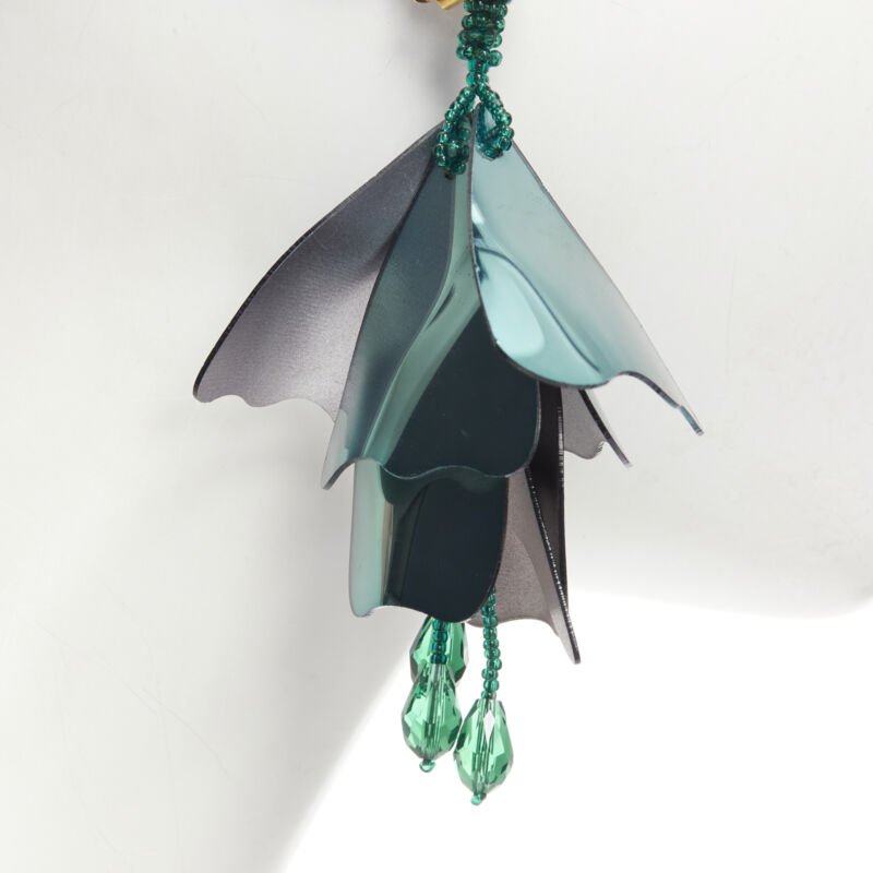 OSCAR DE LA RENTA metallic green beaded petals tassels drop clip on earrings
