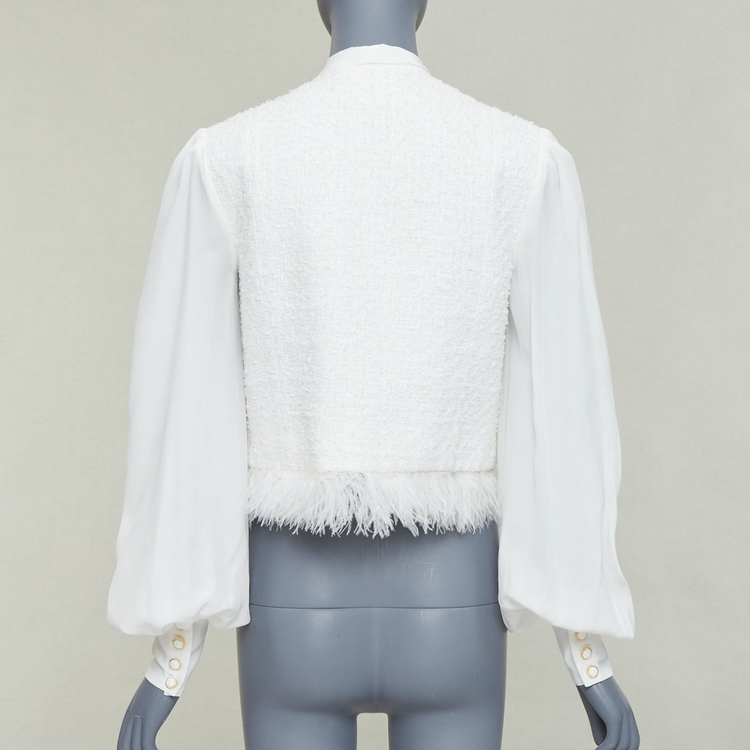 BALMAIN 2024 cream tweed silk sleeves gold lion buttons feather jacket FR36 S