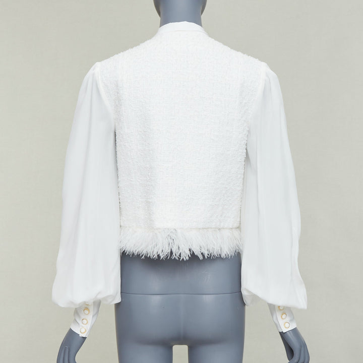 BALMAIN 2024 cream tweed silk sleeves gold lion buttons feather jacket FR36 S