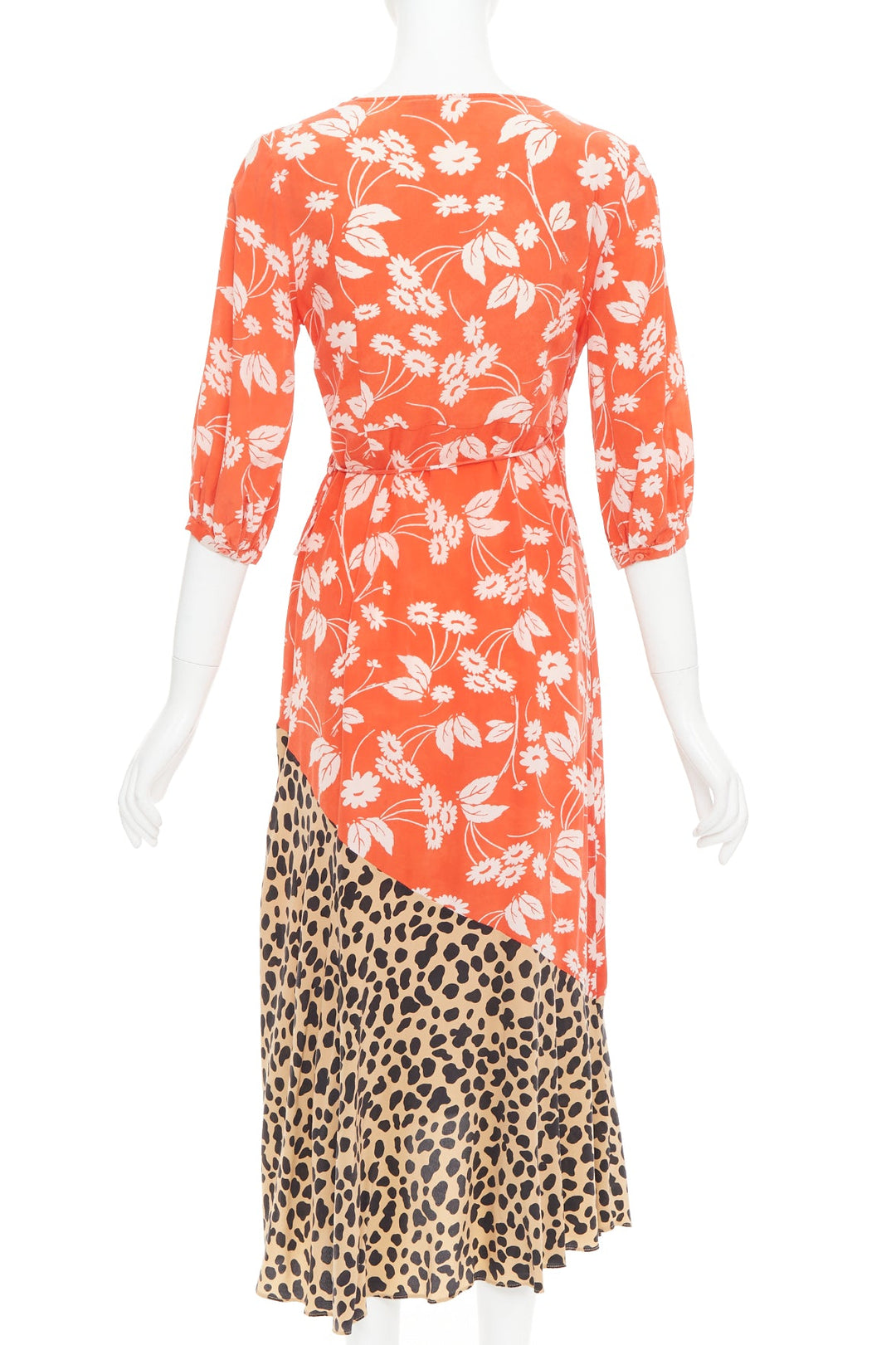 RIXO Noleen 100% silk coral red leopard floral print patchwork wrap dress S