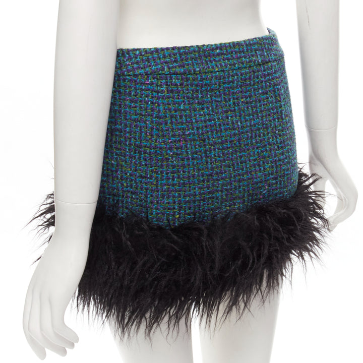 SAINT LAURENT 2022 blue tweed faux fur trim mini skirt FR38 M