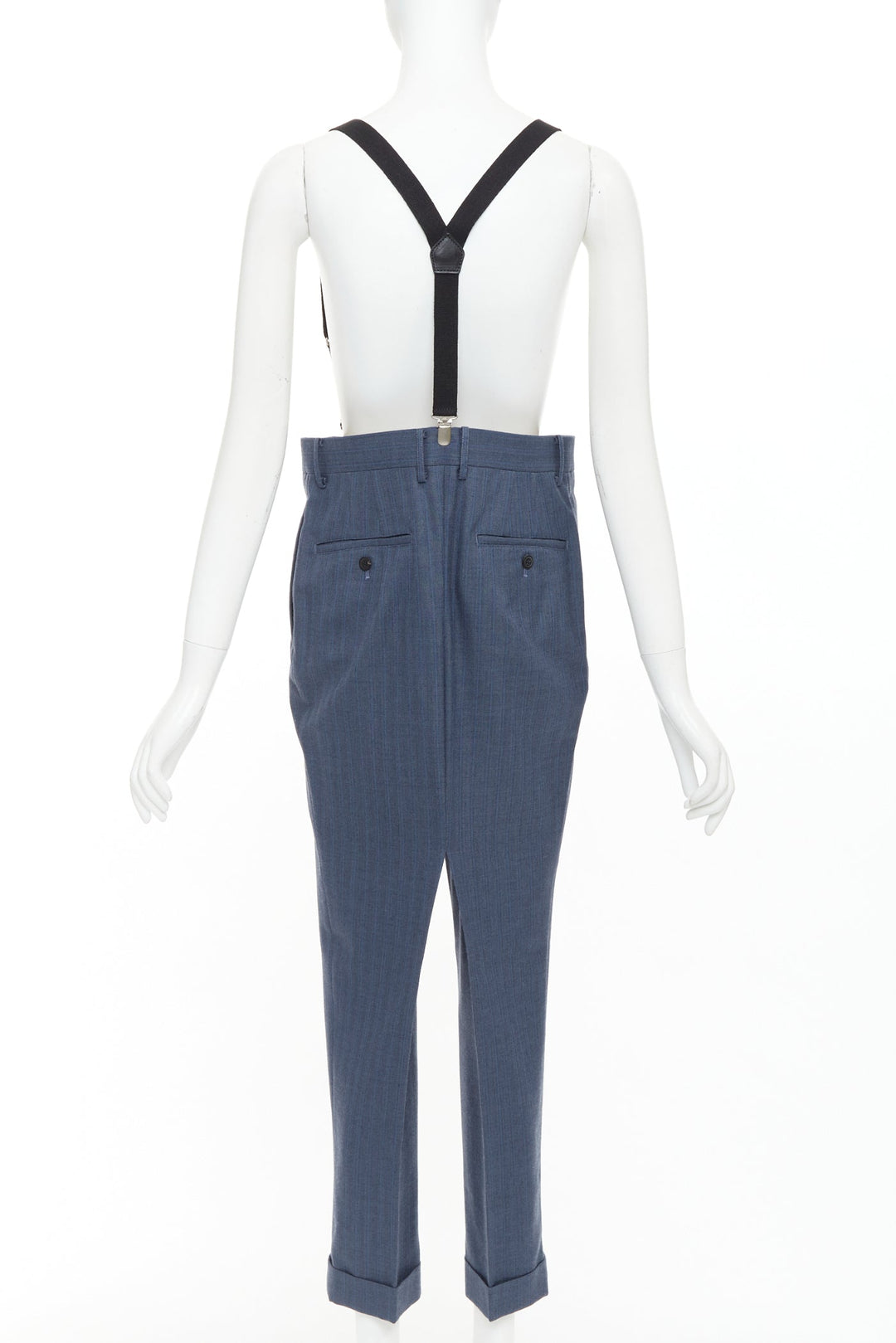 JUNYA WATANABE 2012 blue pinstripe black suspender high waisted harem pants M