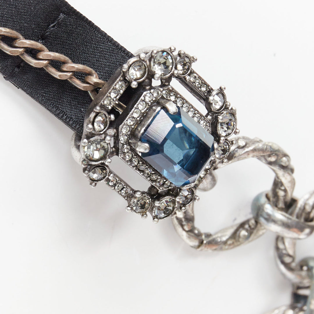 LANVIN Textile blue rhinestone jewel silver chain black fabric belt