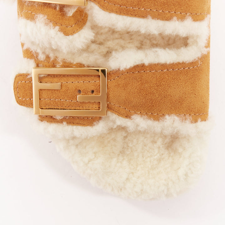 FENDI Feel tan brown suede shearling gold FF buckle sandal slides EU38