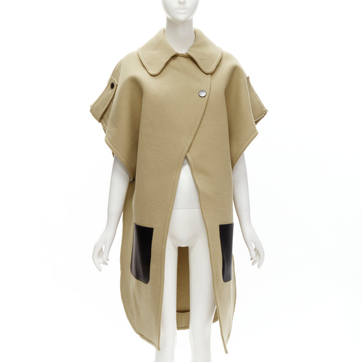 OLD CELINE Phoebe Philo black leather pocket camel wool poncho coat FR36 S