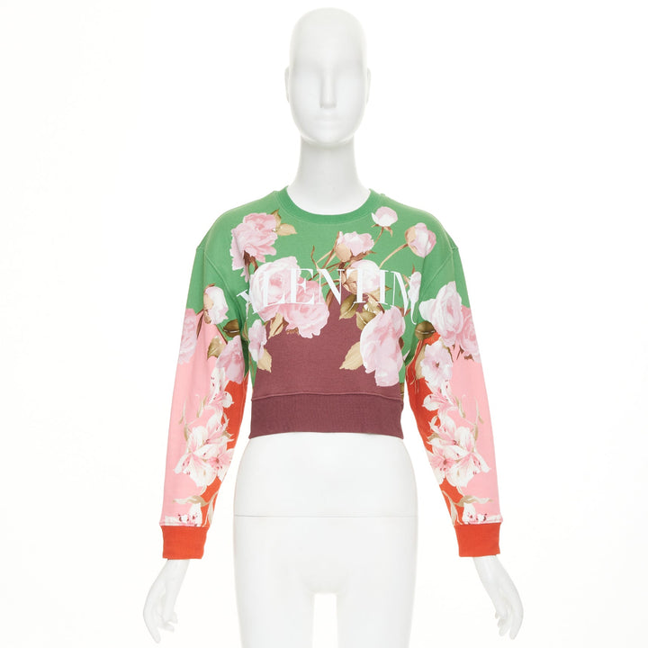 VALENTINO 2021 Flying Flowers logo colorblock cotton crop sweatshirt XS