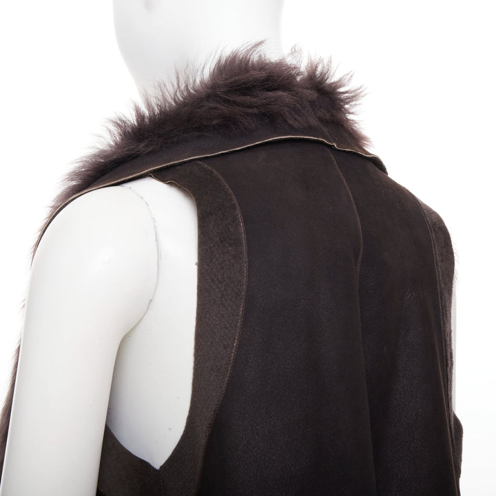 KARL DONOGHUE dark brown lambskin leather fur lined draped vest jacket XS