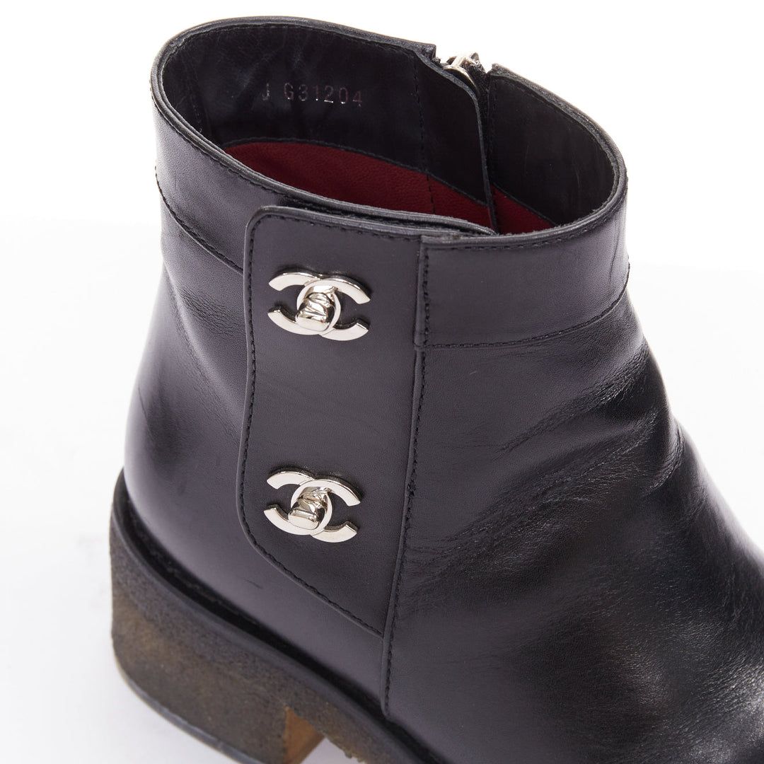 CHANEL Turnlock CC black leather silver logo crepe rubber sole ankle boots EU37