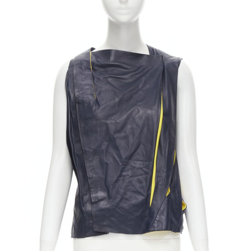 BALENCIAGA 2010 Runway Ghesquiere navy yellow leather pleated top FR38 S