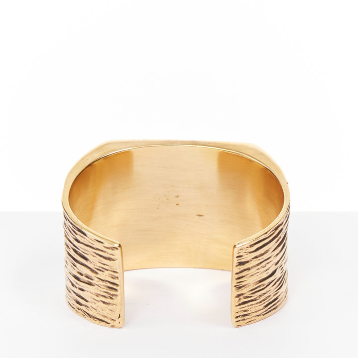 SAINT LAURENT aged gold tone bark wood textured square cuff bangle manchette