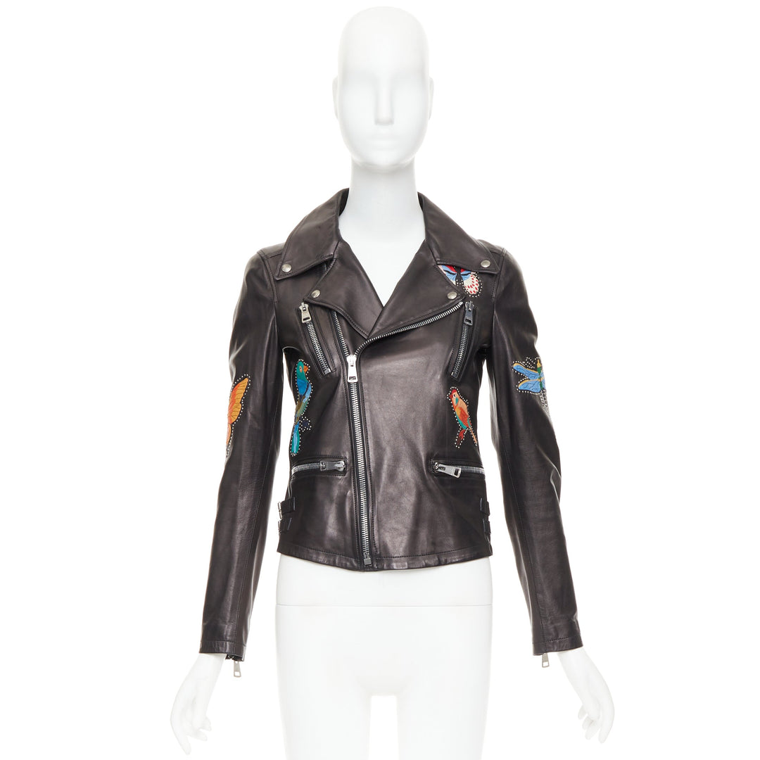 GUCCI Michele black leather bird butterfly applique studded biker jacket IT38 XS