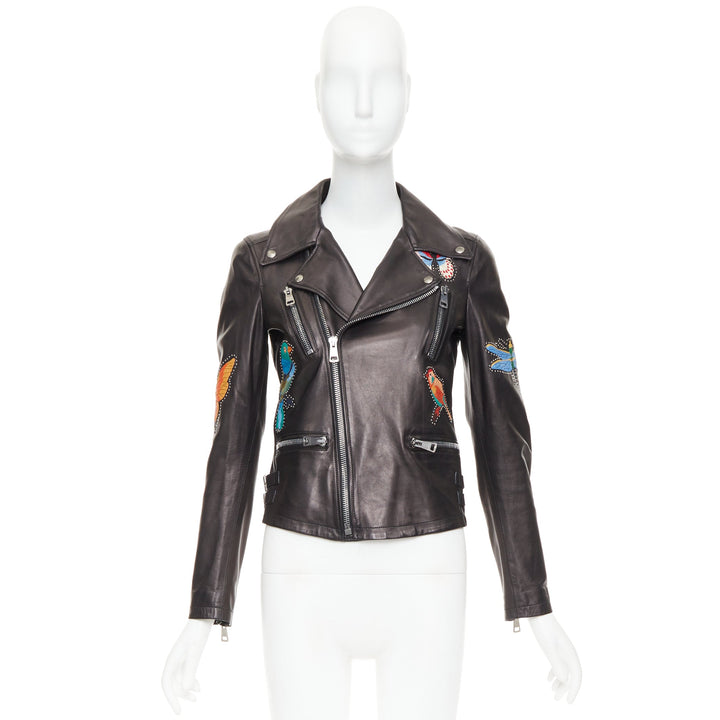 GUCCI Michele black leather bird butterfly applique studded biker jacket IT38 XS