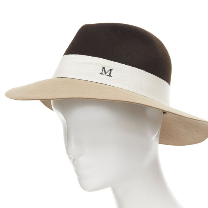 MAISON MICHEL two tone brown camel white grosgrain M logo fedora hat M 57cm