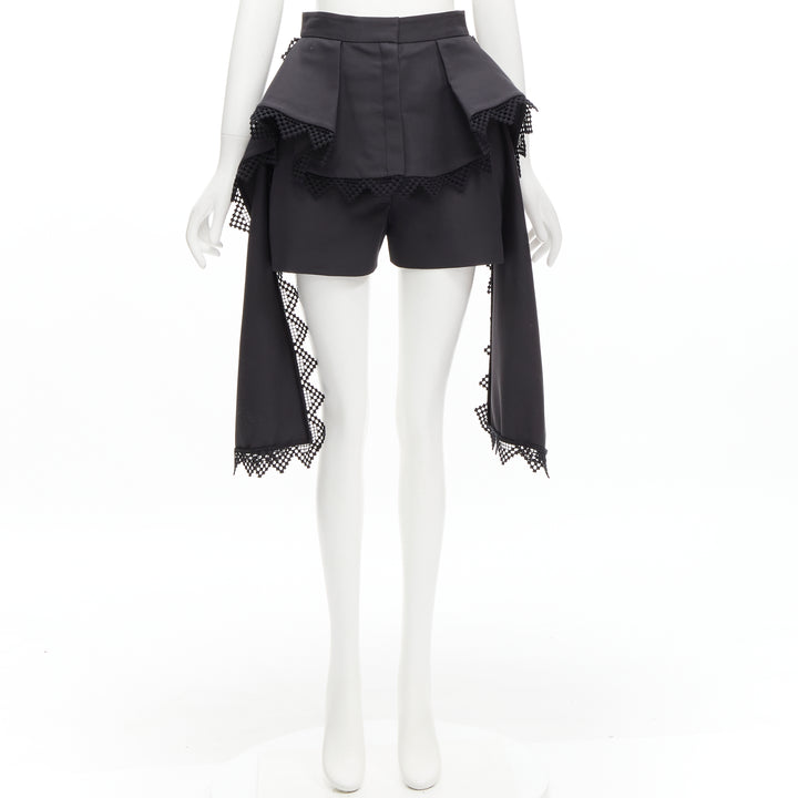 ALEXANDER MCQUEEN black lattice layered peplum high low draped shorts IT38 XS