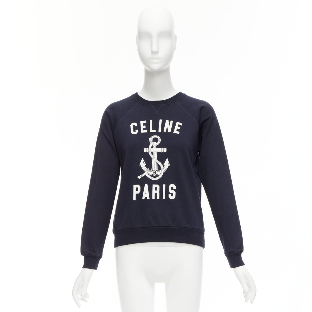 CELINE Anchor navy cotton cashmere logo print crew long sleeve sweatshirt XS