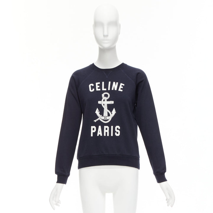 CELINE Anchor navy cotton cashmere logo print crew long sleeve sweatshirt XS