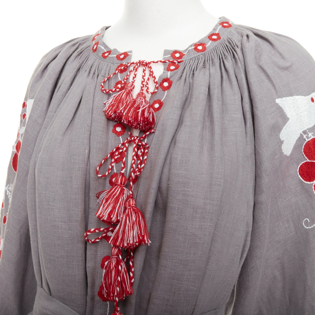 VITA KIN grey linen red folk floral embroidered boho peasant kaftan dress S/D