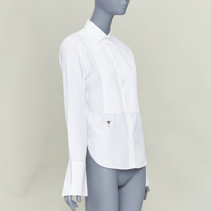 CHRISTIAN DIOR white cotton pique CD Bee embroidered dress shirt FR34 XS