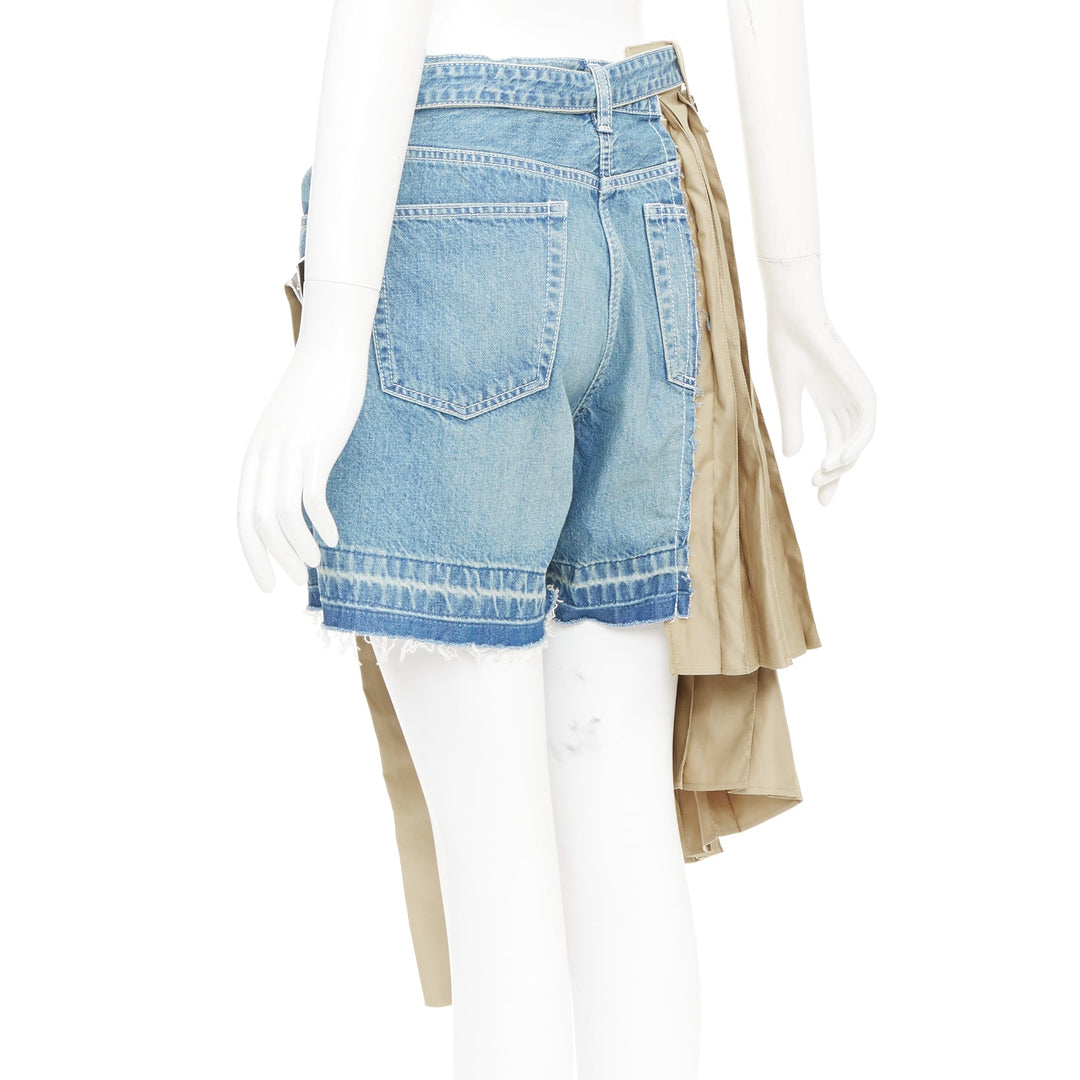 SACAI 2019 Runway beige kilt pleated cotton deconstructed denim shorts JP2 M