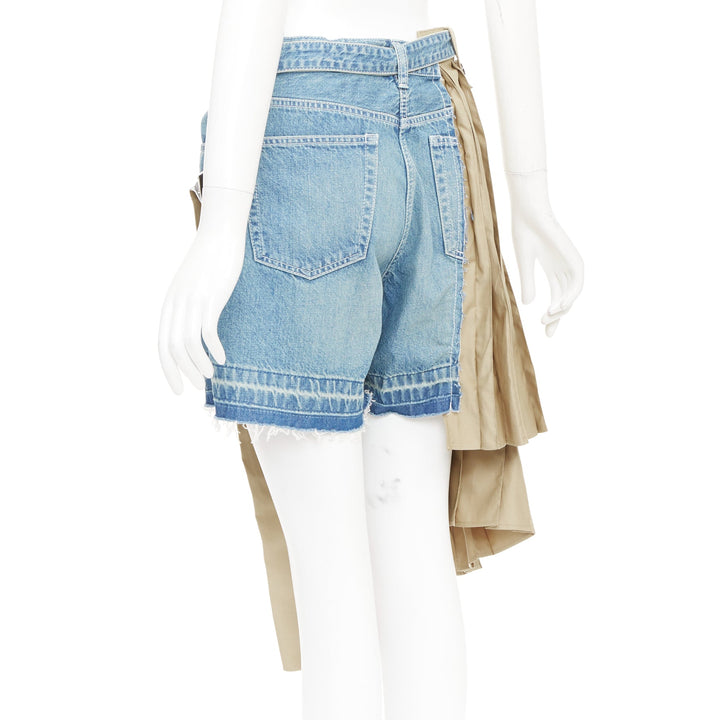 SACAI 2019 Runway beige kilt pleated cotton deconstructed denim shorts JP2 M