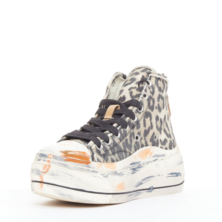 R13 Kurt beige grey leopard print orange paint effect platform high sneaker EU38