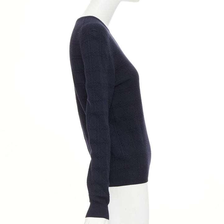 DIOR Macrocannage navy geometric jacquard wool silk blend knit sweater FR34 XS