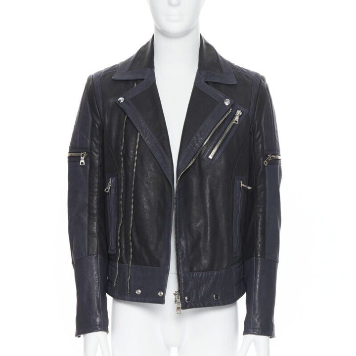 BALMAIN navy blue black leather ribbed motorcycle biker jacket EU48 M