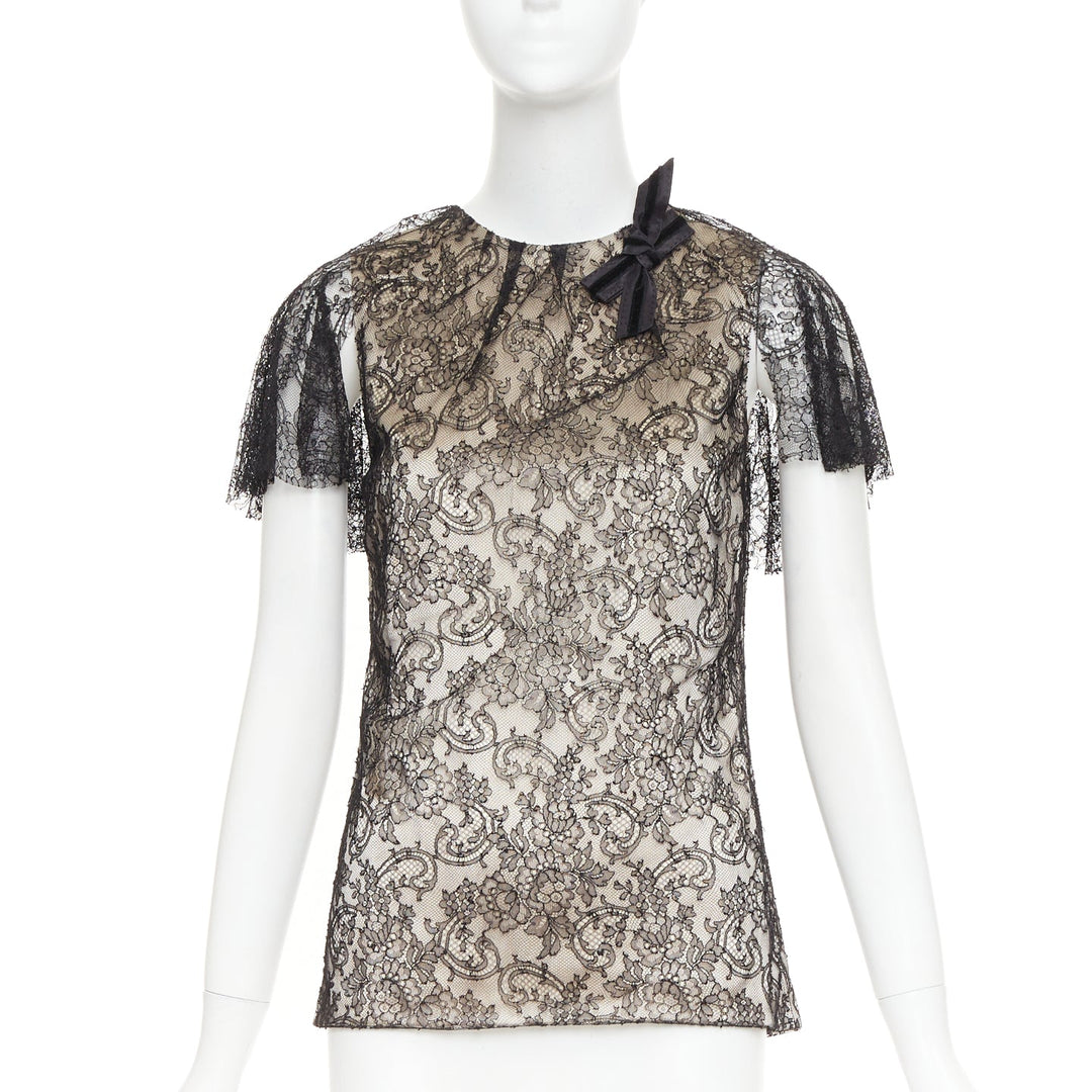 J MENDEL Chantilly Lace Blouse nude silk lined bow embellished top US2 S
