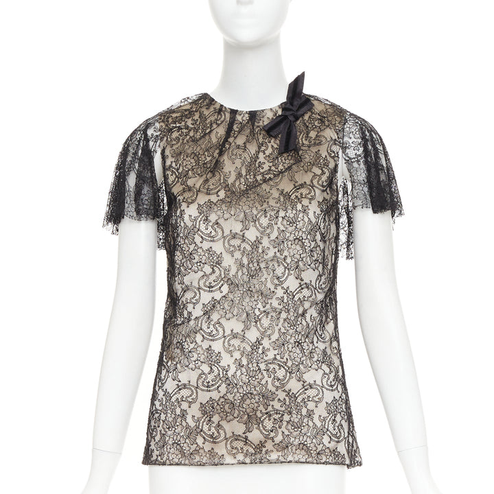 J MENDEL Chantilly Lace Blouse nude silk lined bow embellished top US2 S