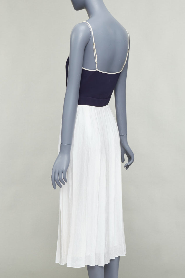 VVB VICTORIA BECKHAM navy white pleated buttoned strappy midi dress