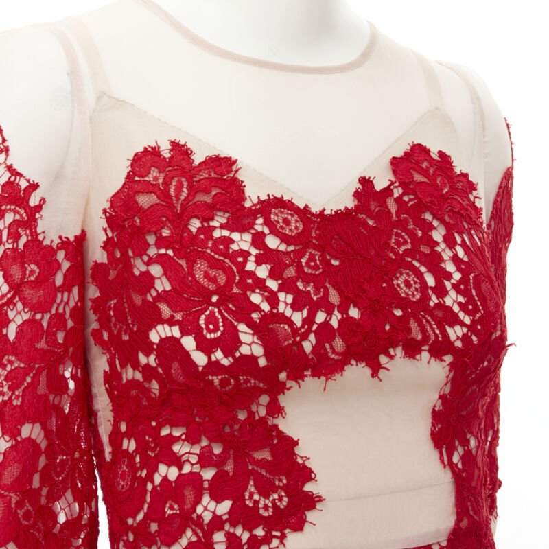 DOLCE GABBANA red lace panel pink sheer silk fit flared cocktail dress IT36 XS