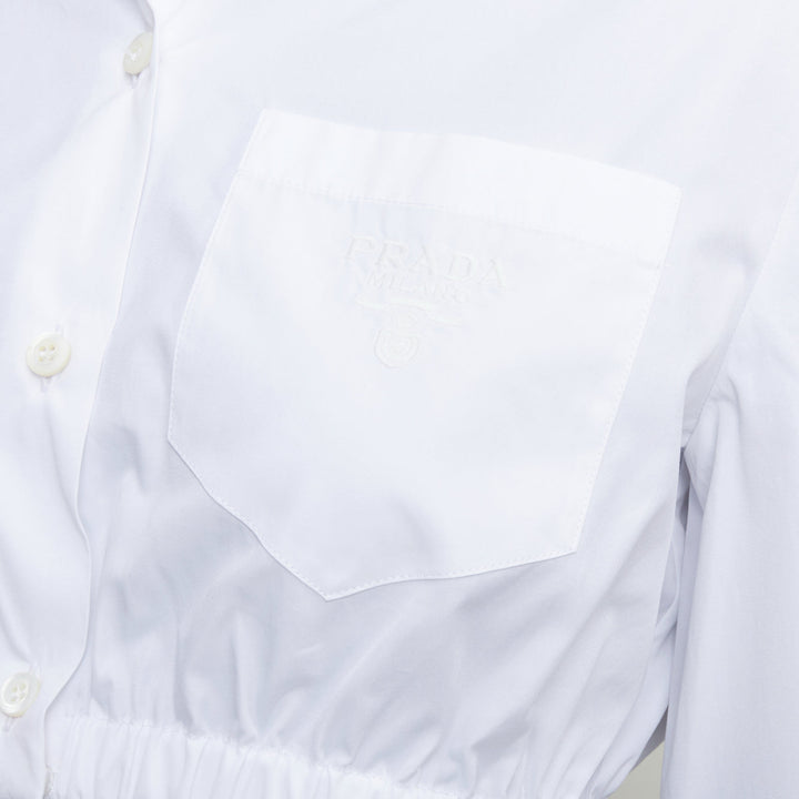 PRADA 2022 white cotton logo embroidered pocket elastic waist crop shirt IT38 XS