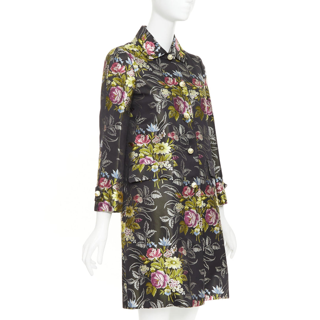 GUCCI 2016 Runway black silk floral jacquard GG pearl evening coat IT38 XS