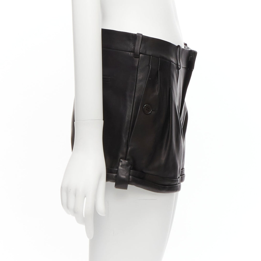 SAINT LAURENT 2017 black lambskin leather high waisted cuffed shorts FR36 S