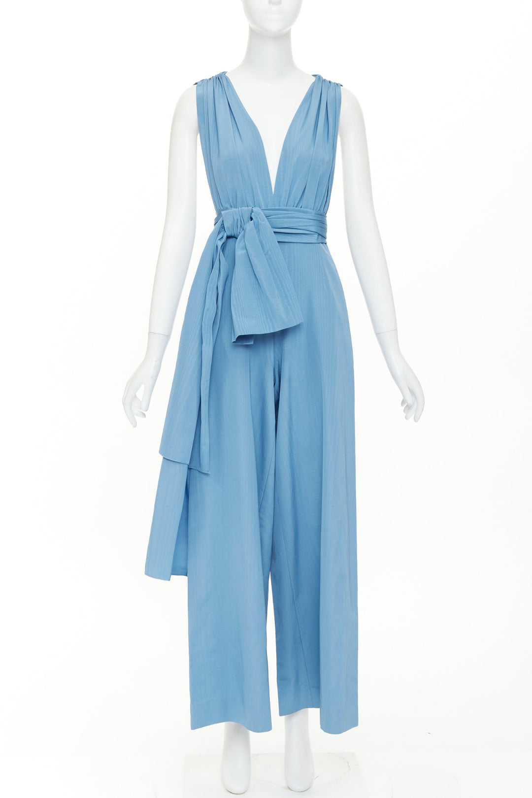 OSCAR DE LA RENTA S20 Runway sky blue moire faille sash tie jumpsuit US0 XS