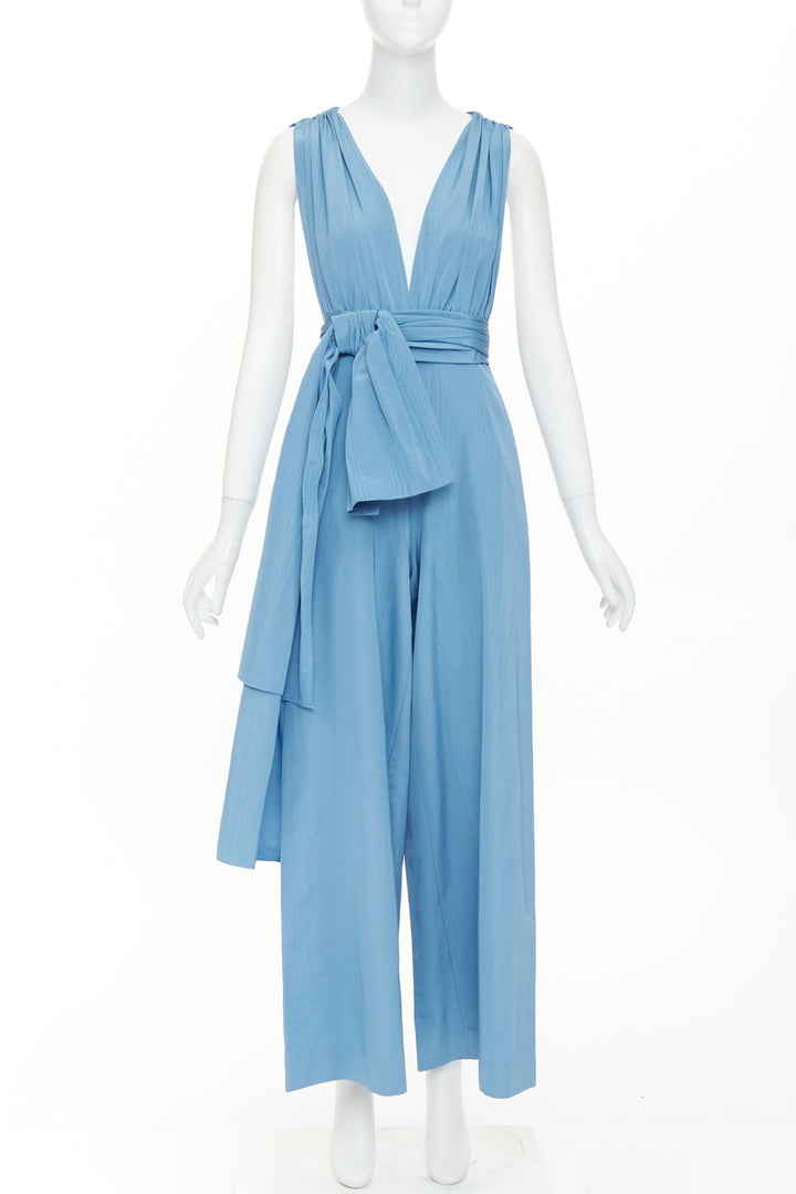 OSCAR DE LA RENTA S20 Runway sky blue moire faille sash tie jumpsuit US0 XS