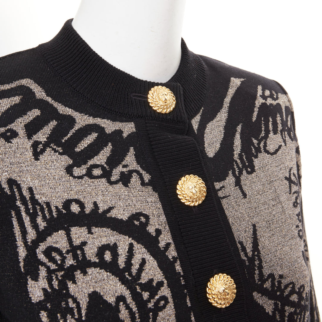 BALMAIN black bronze wool blend metallic scribble jacquard cardigan FR34 XS