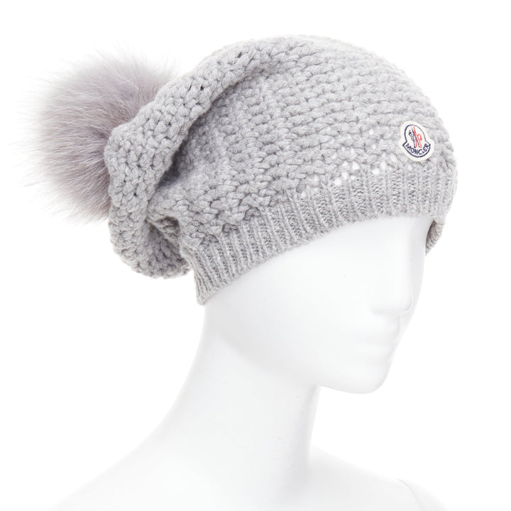MONCLER grey fur pom pom cream logo heavy knit beanie hat