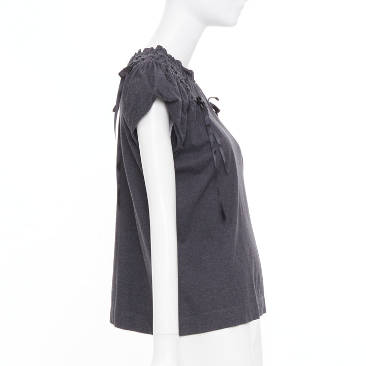 SIMONE ROCHA gray cold shoulder ruched ribbon detail puff sleeve cotton top S