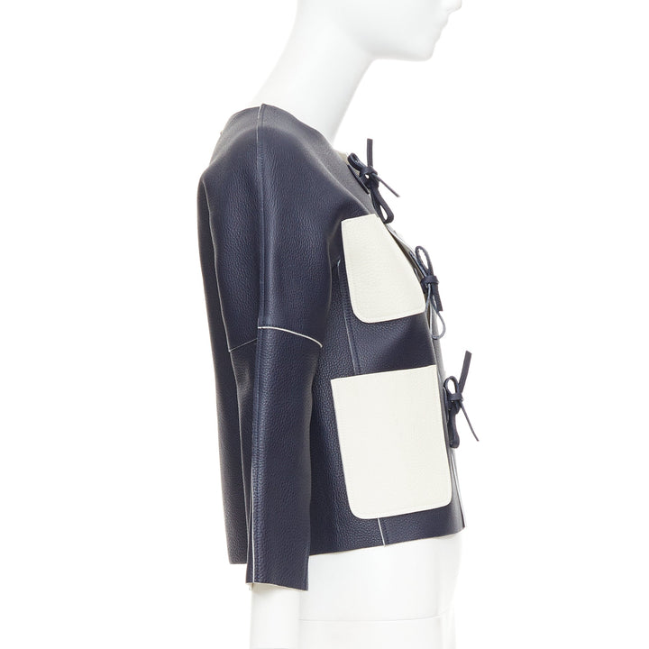 LOUIS VUITTON navy off white textured leather tie front jacket FR36 M