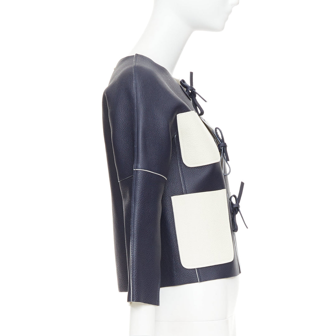 LOUIS VUITTON navy off white textured leather tie front jacket FR36 M