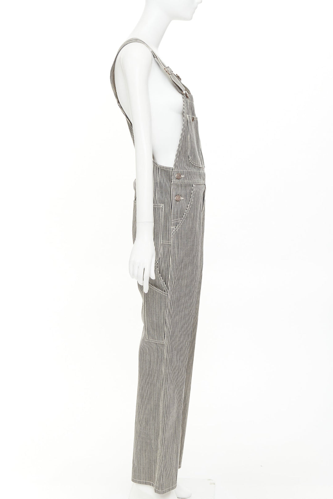 CELINE 2020 Runway Hickory grey striped logo buckles cargo overalls dungaree 28"