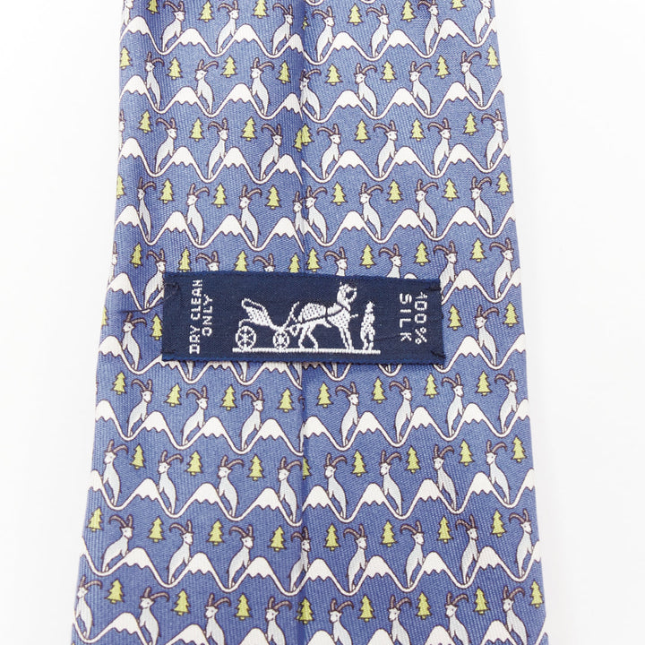 HERMES blue white green 100% silk goat mountain tree print formal tie