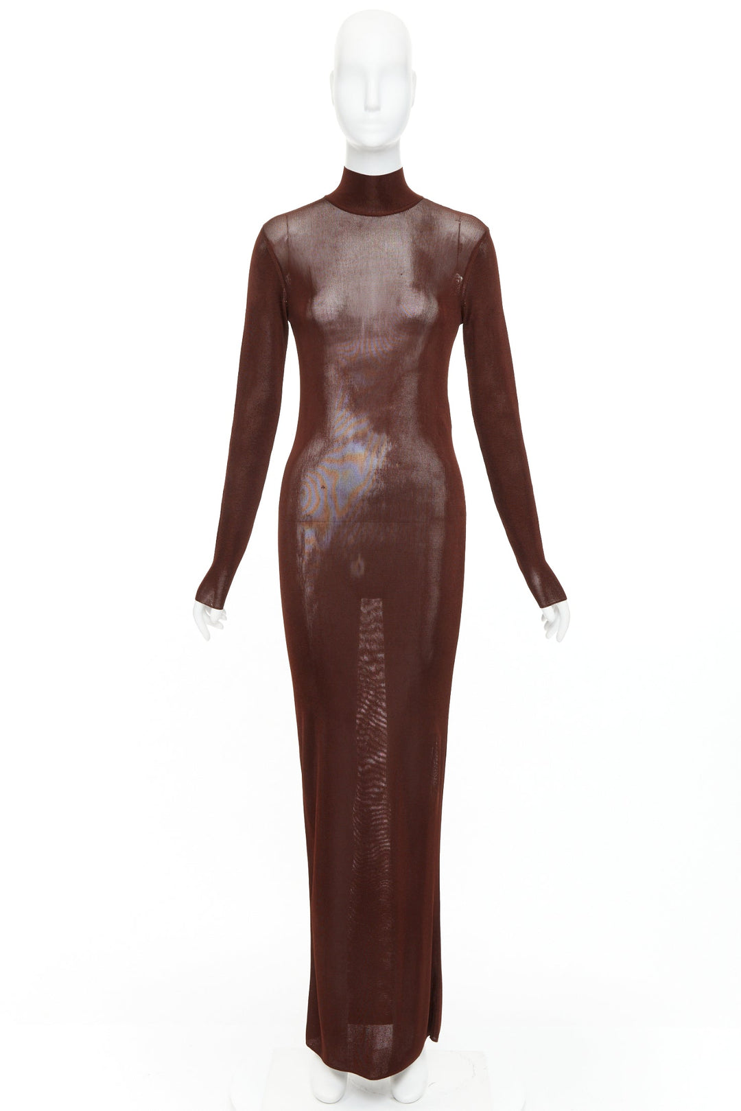 SAINT LAURENT 2023 Runway chocolate dark brown mock neck sheer knit dress XS
