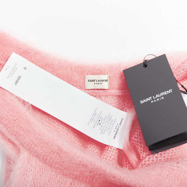 SAINT LAURENT 2022 Runway pink mohair wool green feather hem crop sweater M